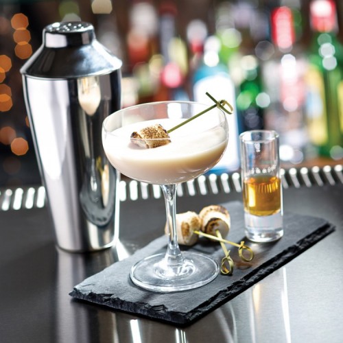 moda champagne coupe with tall shot glass