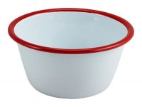 WHITE Enamel Round Pie Dish with Red Rim
