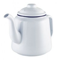 WHITE Enamel Teapot with Blue Rim