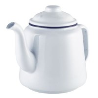 White Enamel Teapot with Blue Rim