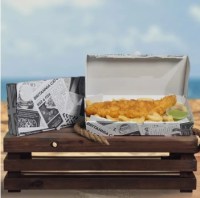 News Print Fish & Chip Box shown with food